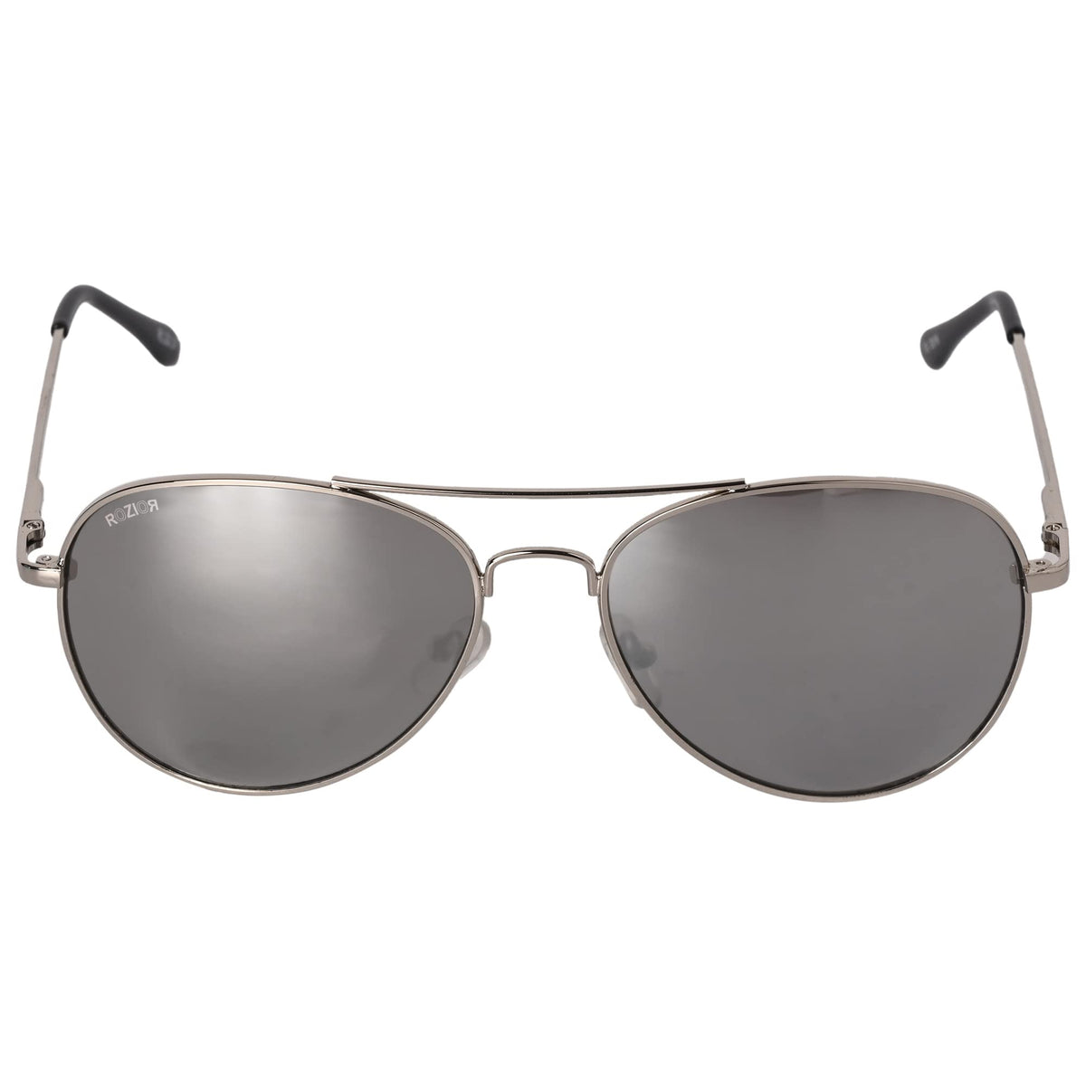Angled view of ROZIOR aviator sunglasses with silver mirror lenses and premium silver frame