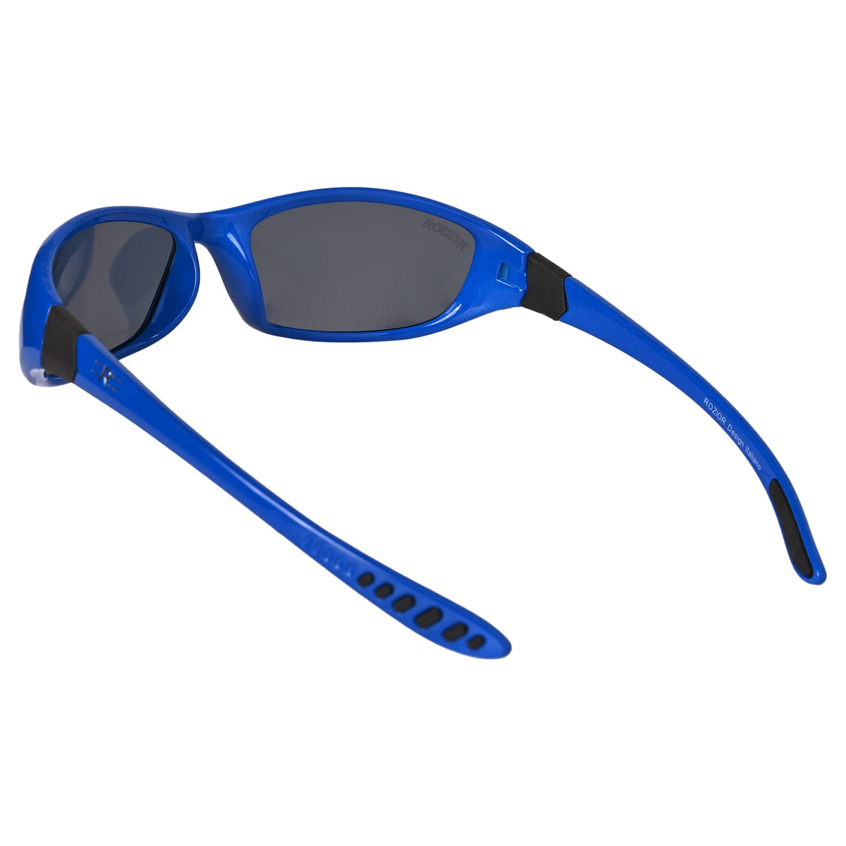 Close-up of ROZIOR polarized smoke lenses with UV400 protection and premium blue frame finish