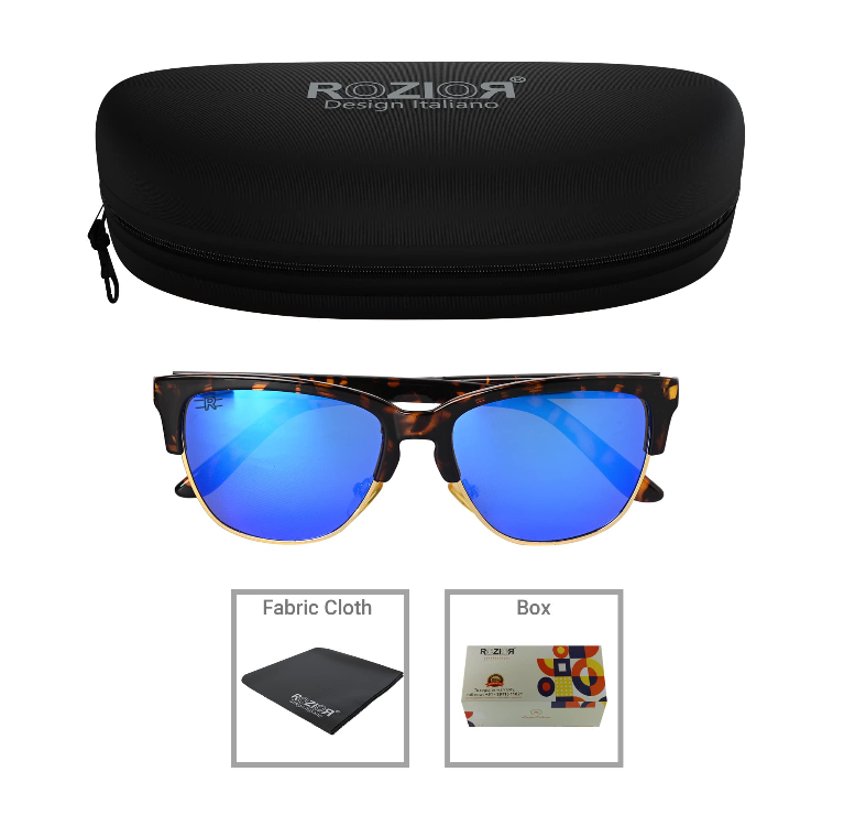 Close-up of ROZIOR tortoise frame polarized sunglasses with blue mirror UV protection lenses