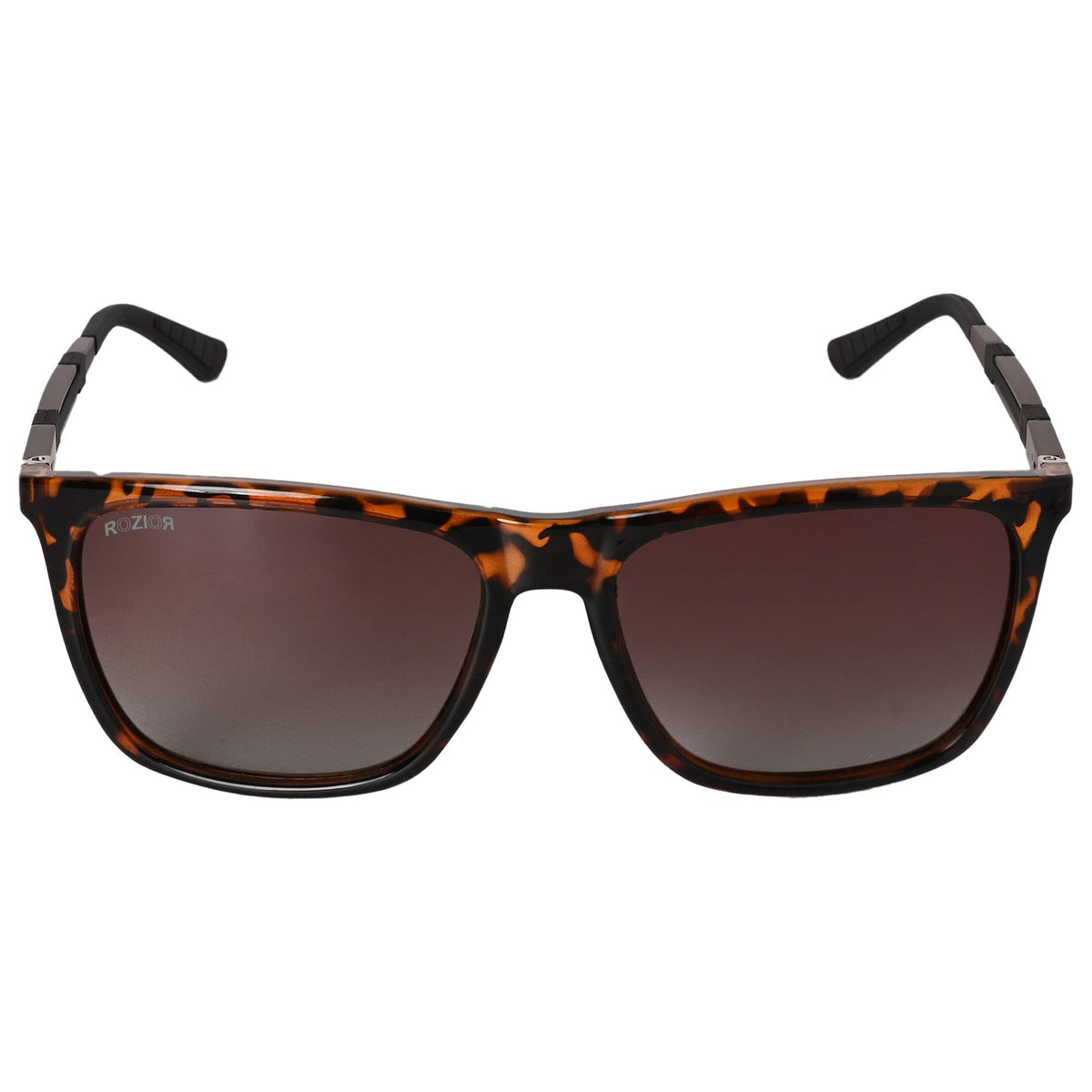 Angled view of ROZIOR polarized sunglasses featuring a tortoise frame and gloss tea lenses for men and women