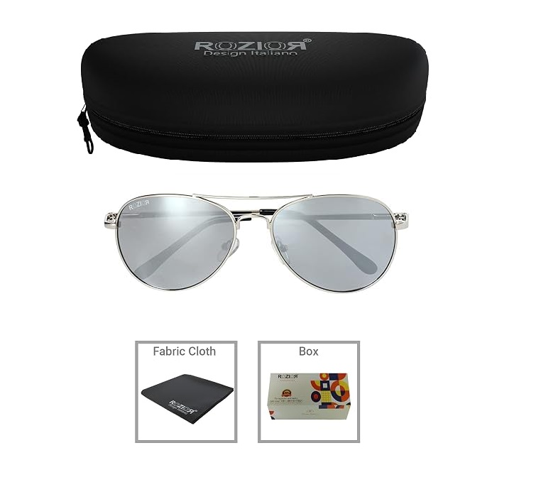 Side profile of ROZIOR unisex aviator sunglasses featuring silver mirror UV protection lenses