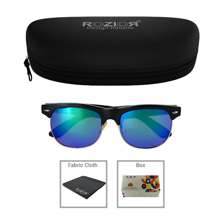 Side profile of ROZIOR UV400 black sunglasses with green mirror lenses for men and women