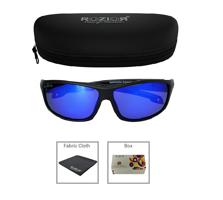 Side profile of ROZIOR unisex polarized sunglasses featuring blue mirror UV protection lens and black frame