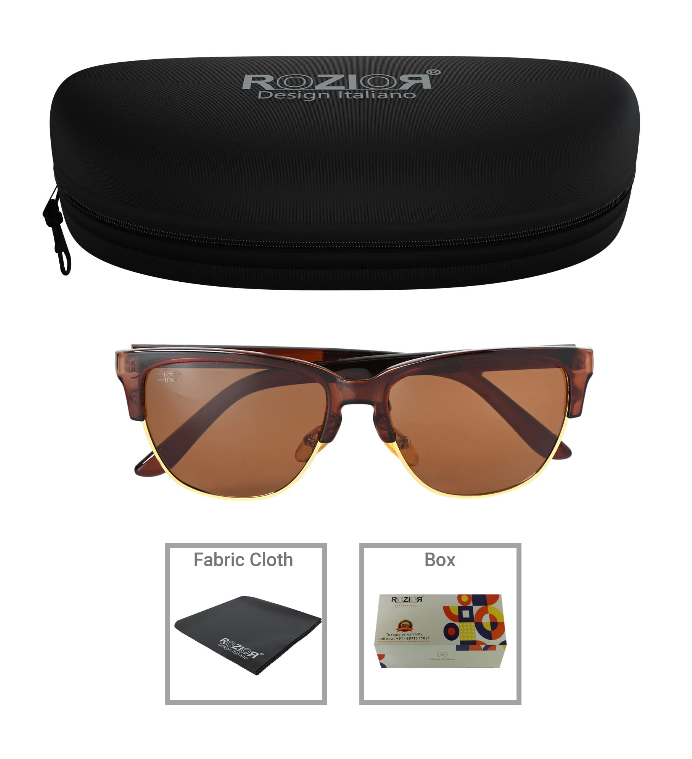 Side view of ROZIOR unisex round sunglasses with brown lenses and brown frame