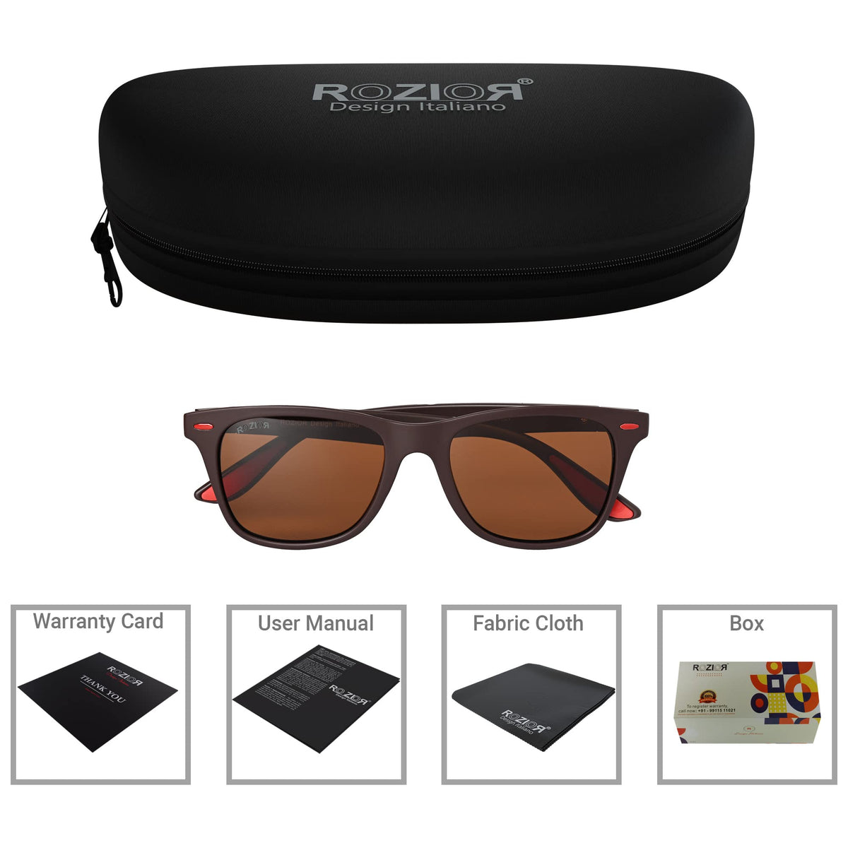 Side profile of ROZIOR unisex polarized sunglasses with lightweight brown frame and brown UV400 lenses