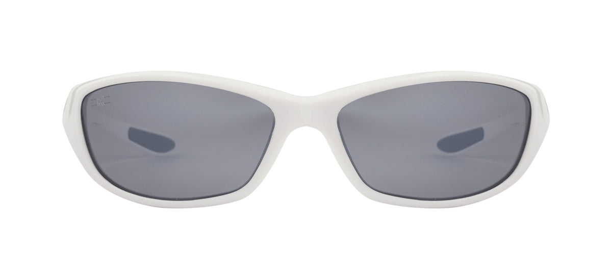 Angled view of ROZIOR unisex polarized sunglasses featuring a white frame and silver mirror UV400 lenses