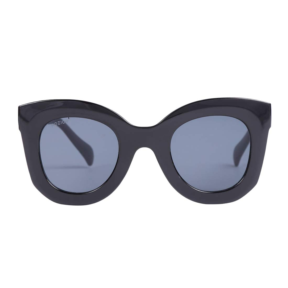 Angled view of ROZIOR women's sunglasses featuring a black frame and black UV400 lenses