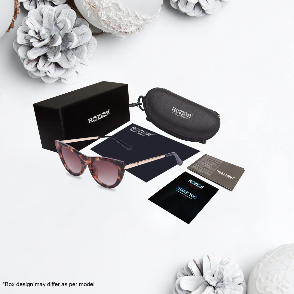 Close-up of ROZIOR women's sunglasses showcasing premium brown UV400 lenses and tortoise frame