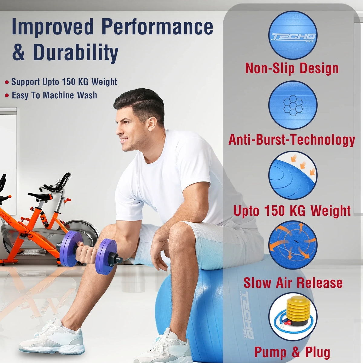TechoFit 75cm fitness ball in blue ideal for pregnancy workouts, stretching, and balance exercises