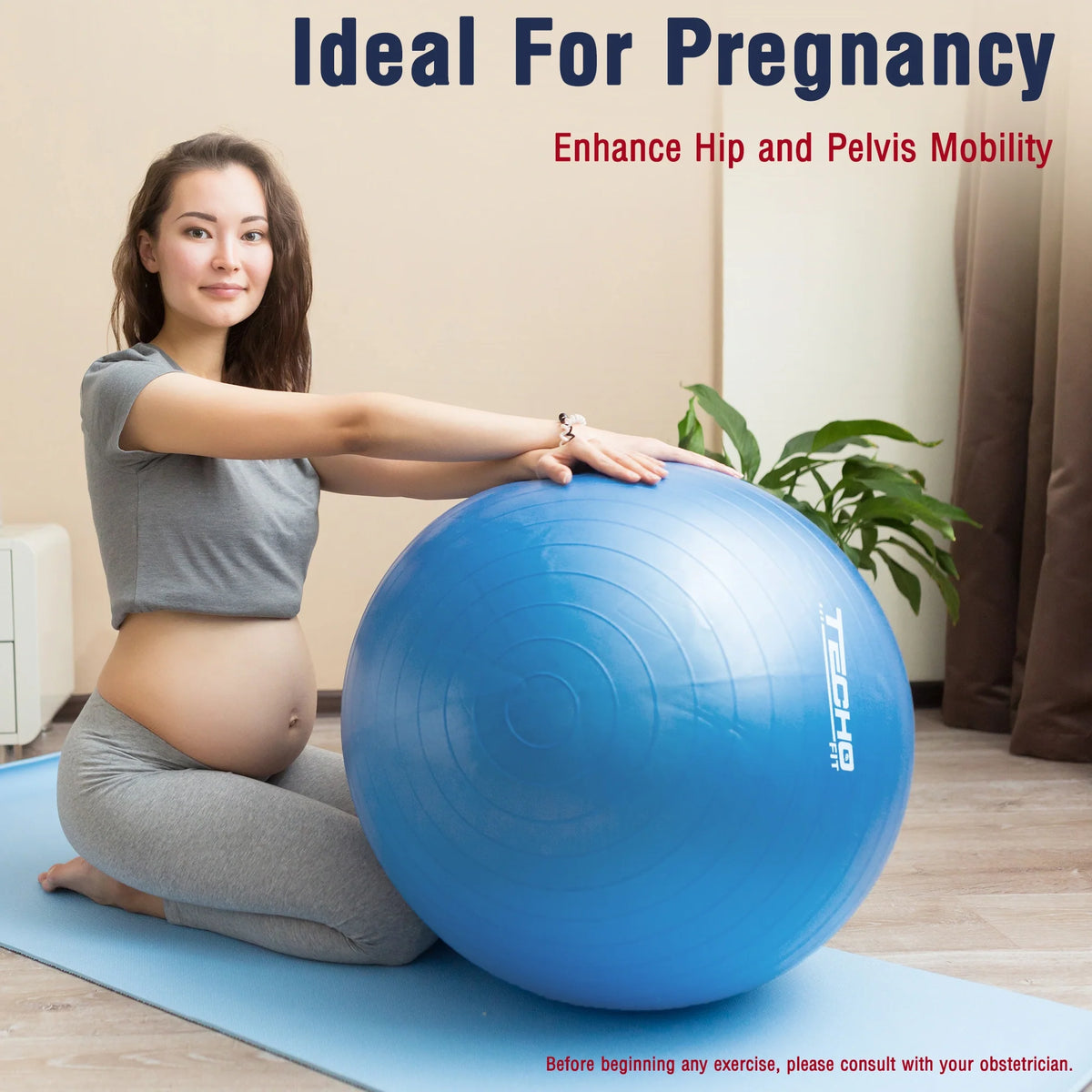 Durable TechoFit 75cm blue yoga ball for strength training, Pilates, and rehabilitation exercises