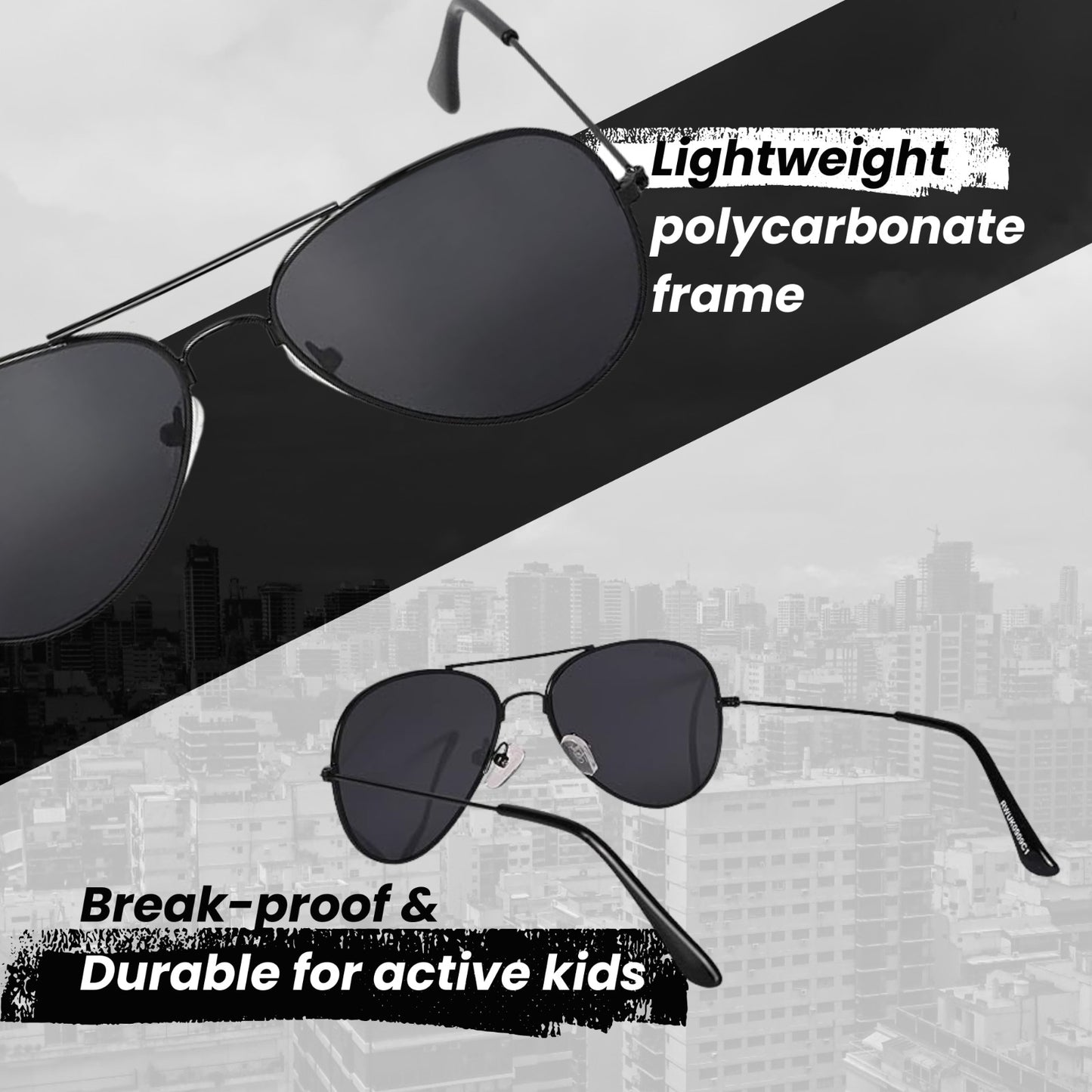 ROZIOR Kids Aviator Sunglasses for Boys & Girls (4–12 Years) | UV400 Protection | Black Smoke | Lightweight Metal Frame | Outdoor & Travel Wear
