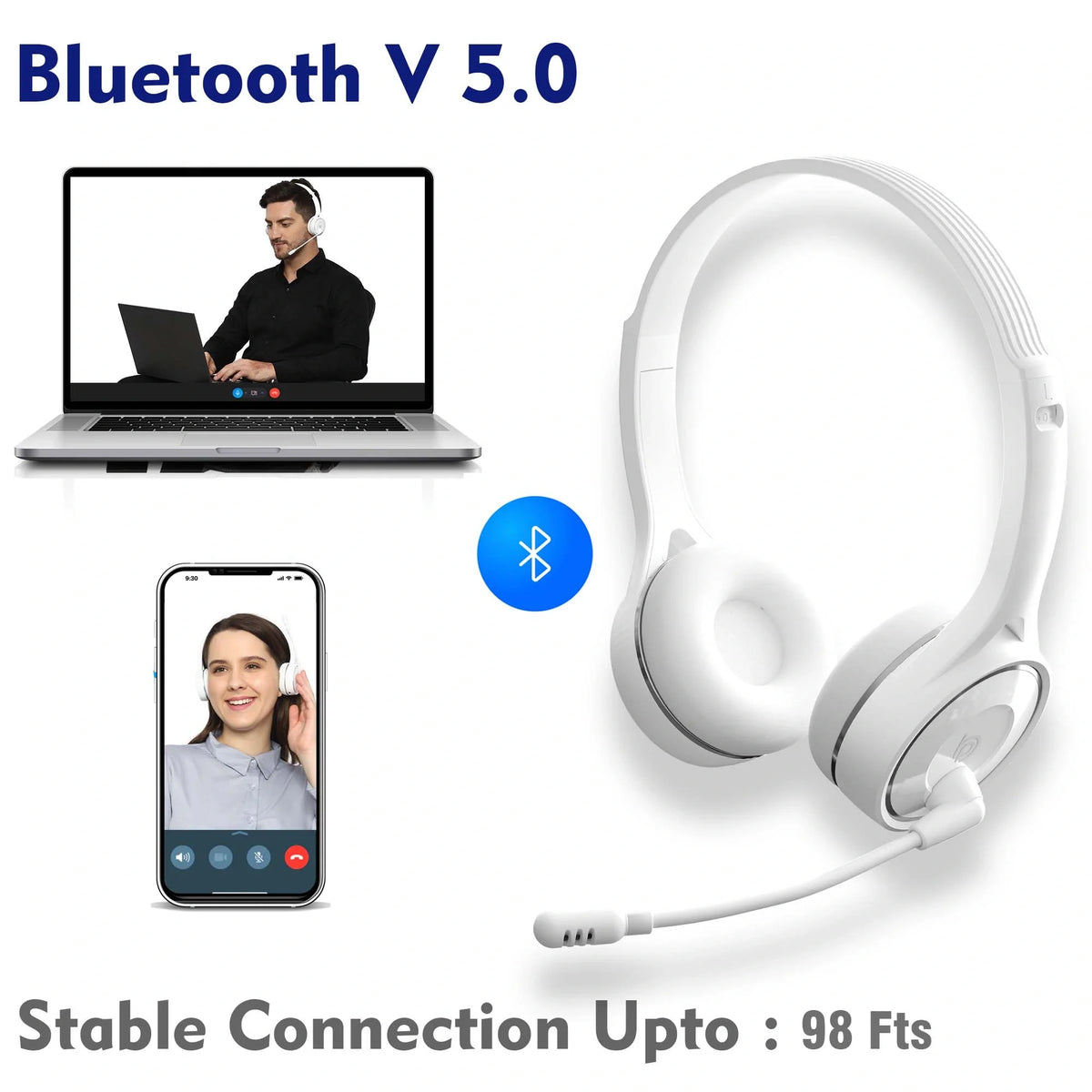 Close-up of the noise cancelling microphone on the BigPassport Pro-Air BP30 Bluetooth wireless headset in white.