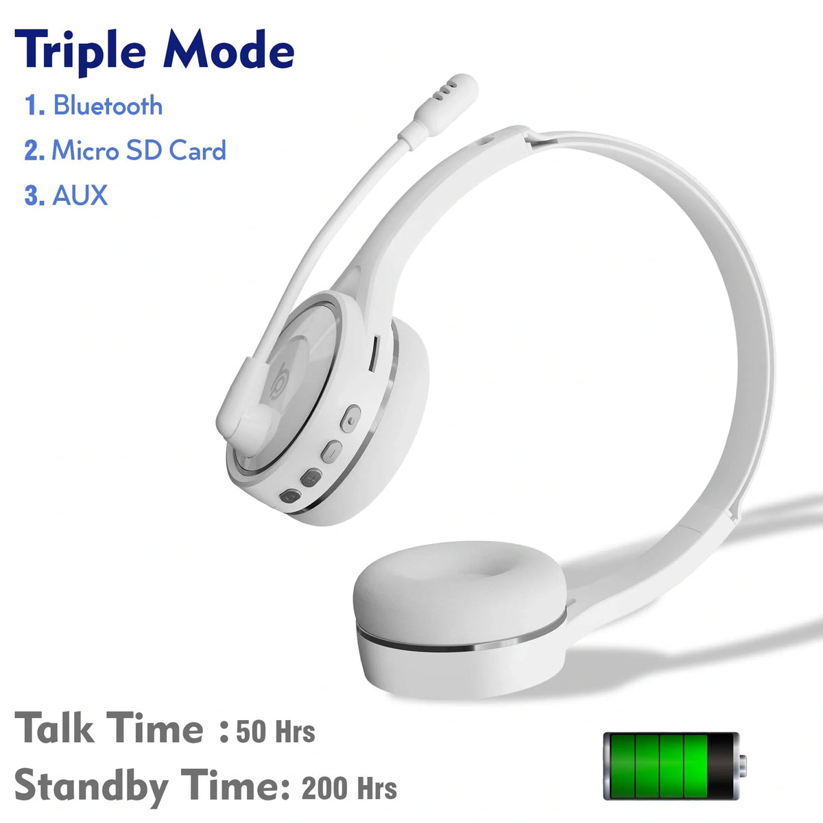Side view of the BigPassport Pro-Air BP30 Bluetooth wireless headset in white with adjustable noise cancelling microphone.