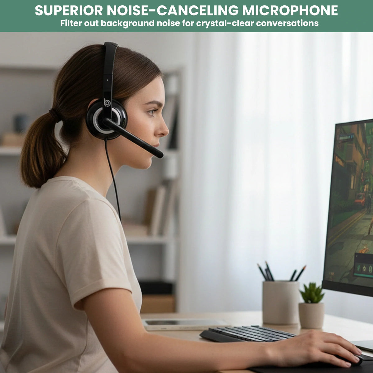 Soft over-ear ear cushions on the BigPassport Pro-Boom 189 USB headset for comfortable all-day wear.