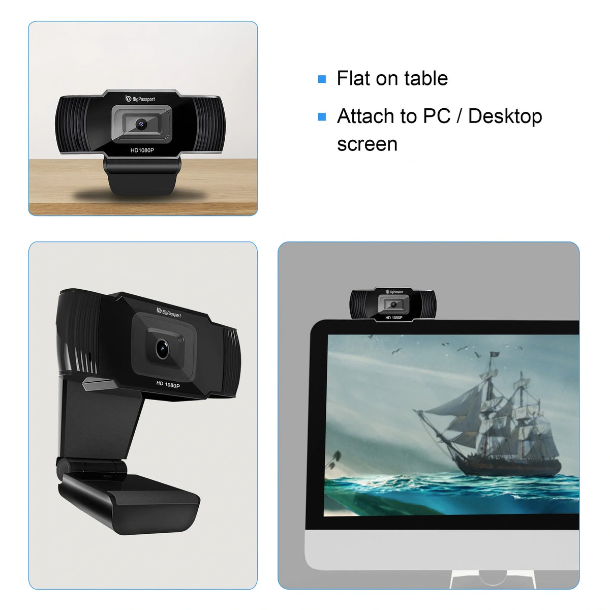Adjustable monitor clip of the BigPassport Pro-Live N3 USB webcam for secure placement on laptops and monitors.