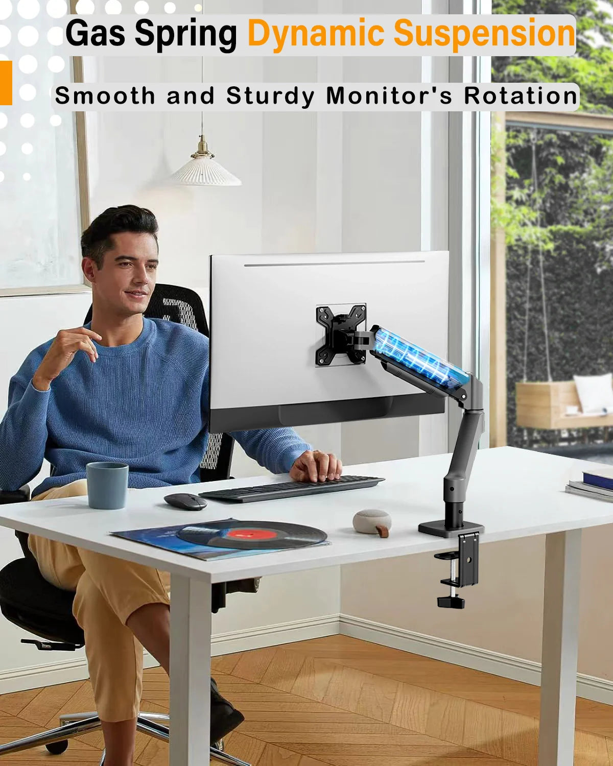 Close-up of the gas spring mechanism on the BigPassport Pro-Mount 402 monitor arm.