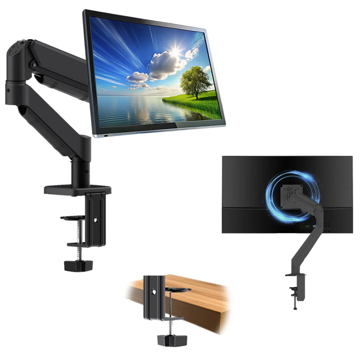 BigPassport Pro-Mount 402 gas spring monitor arm installed on a desk with a 13–32 inch monitor.