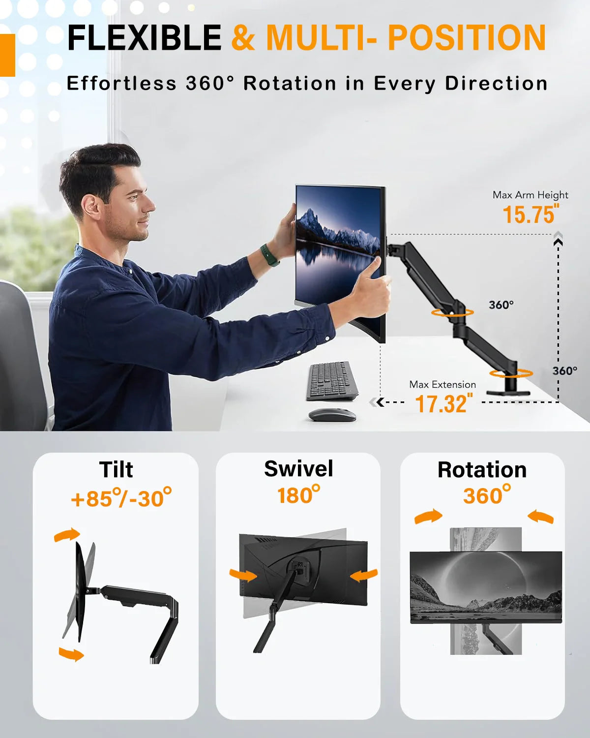 Side view of the BigPassport Pro-Mount 402 adjustable gas spring monitor arm.