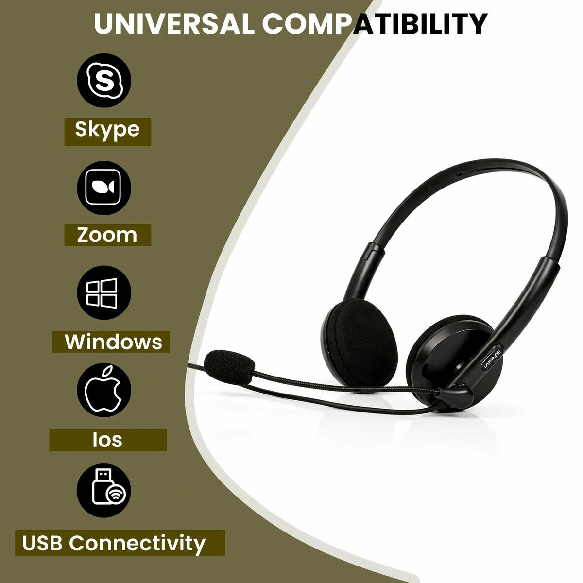 Front view of BigPassport Pro-Tech 134 USB wired headset with adjustable microphone