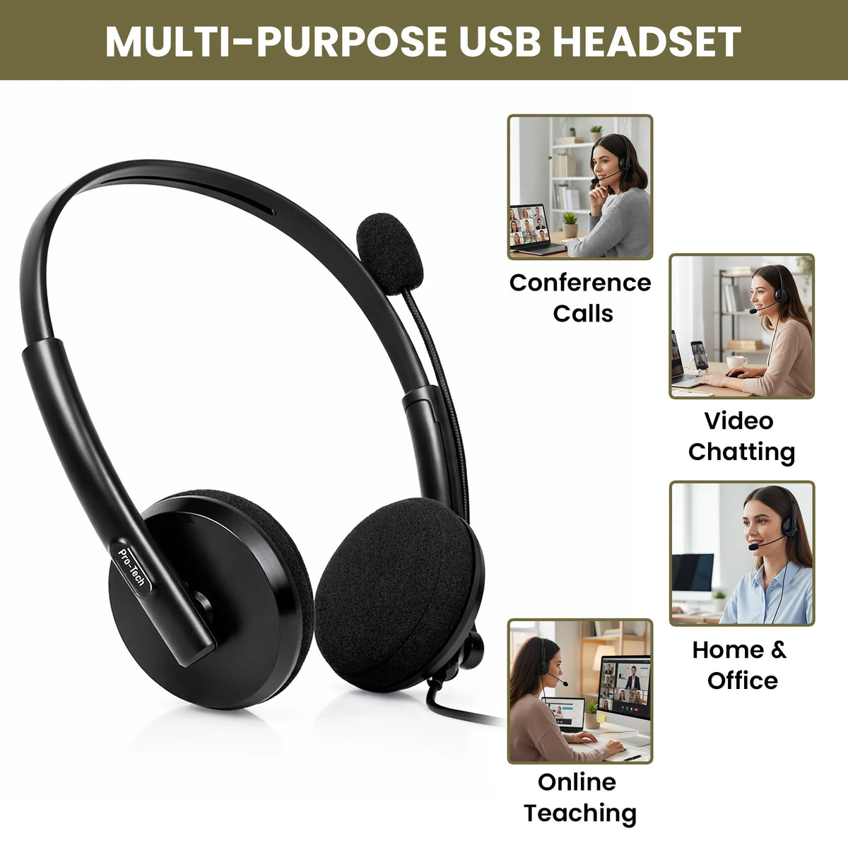Side view of BigPassport Pro-Tech 134 black USB headset for office and business use