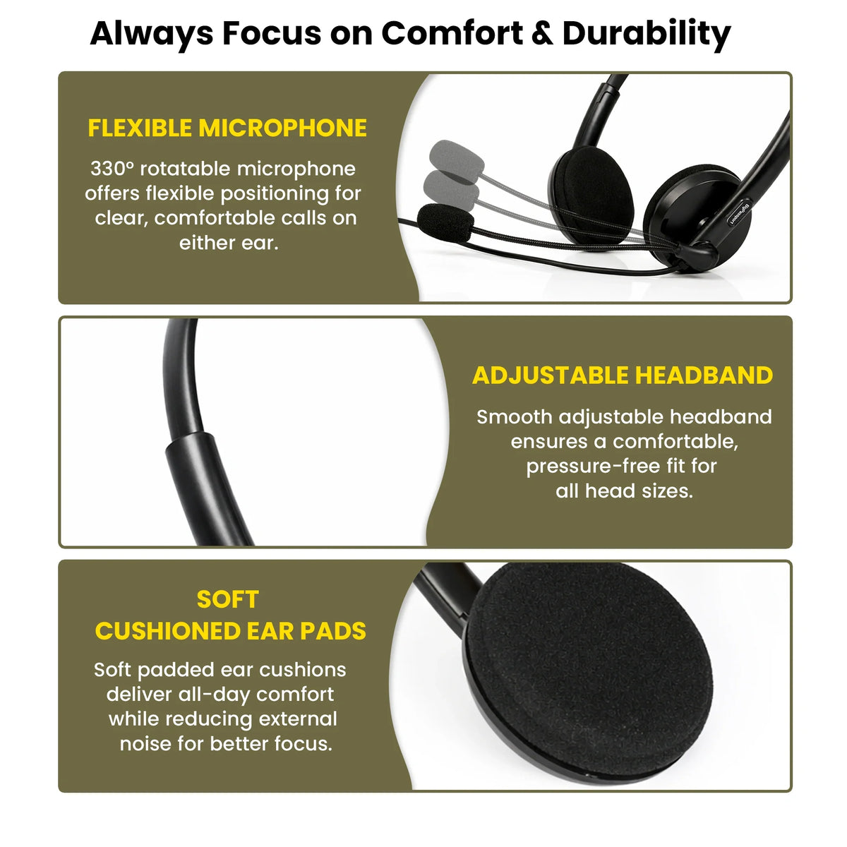 Soft cushioned ear pads on BigPassport Pro-Tech 134 USB headset for comfortable extended use