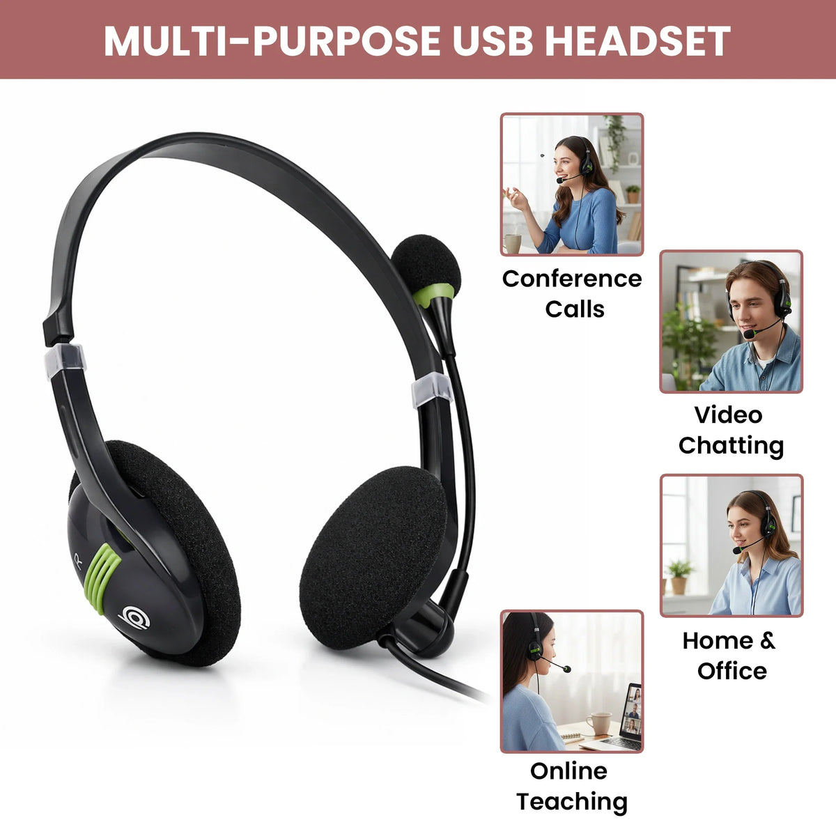 Front view of BigPassport Pro-Tech 440 USB wired headset with microphone