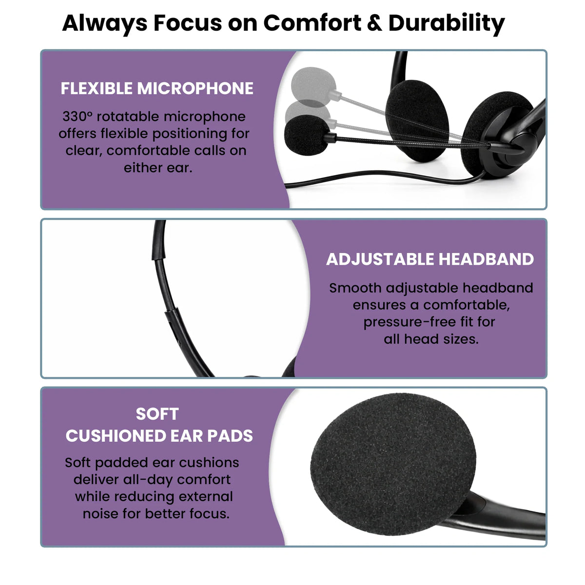 Adjustable headband of BigPassport Pro-Tech 491 black wired headset for a secure fit