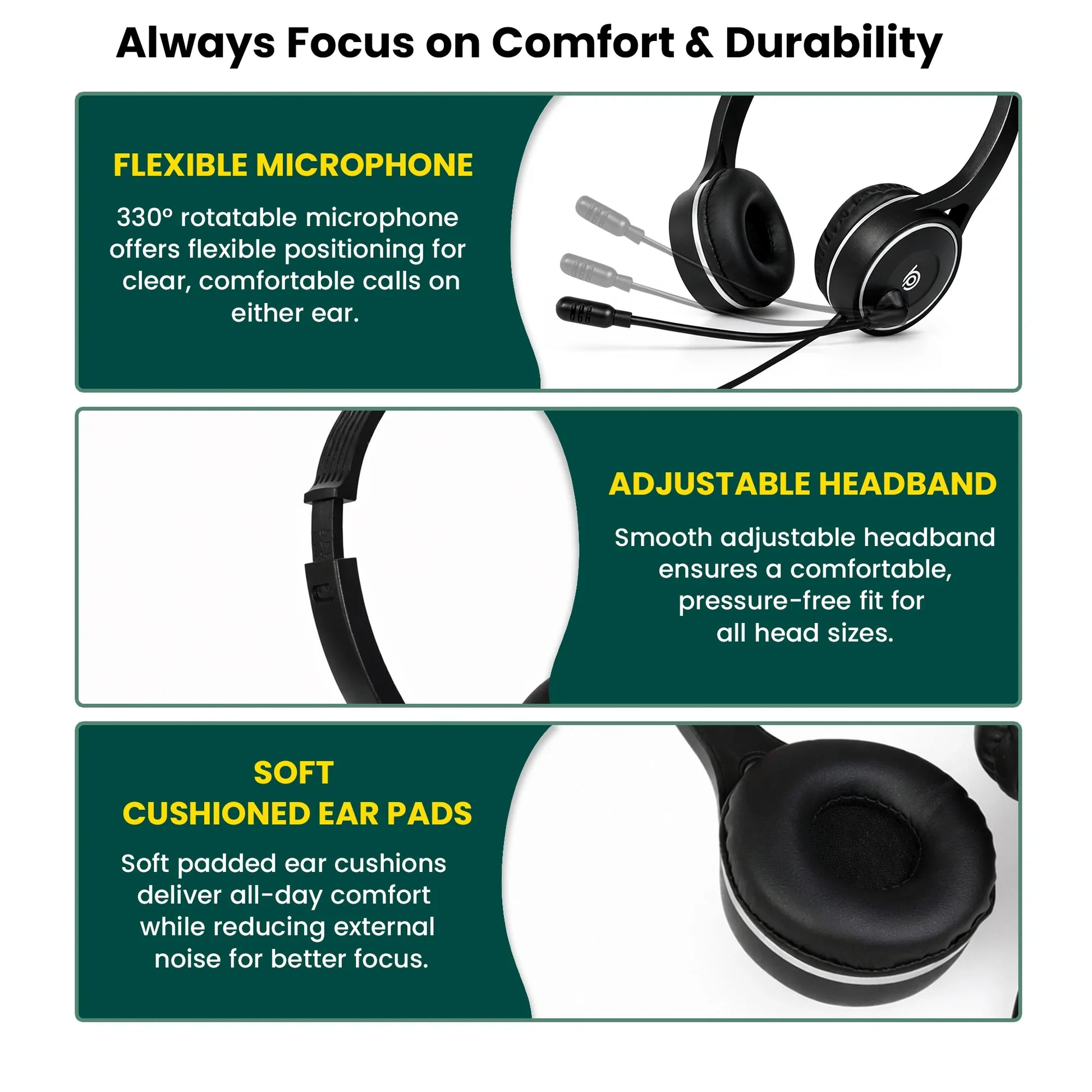 Adjustable headband of the BigPassport Pro-Tech 630 lightweight USB headset for a secure and comfortable fit.
