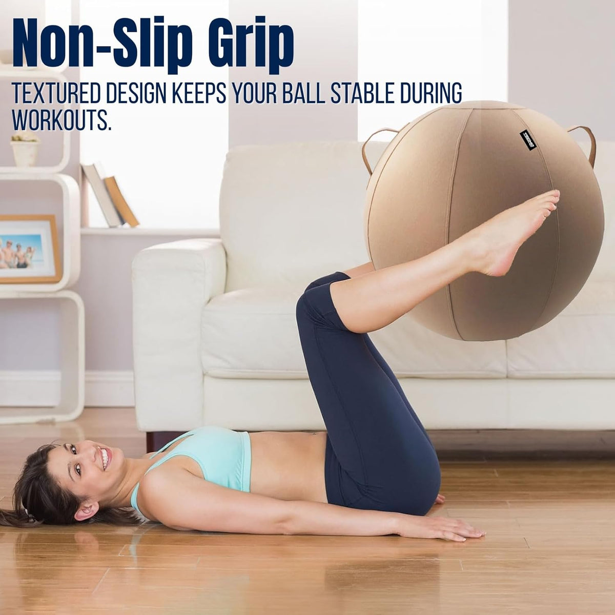 Brown stretch cover being pulled over an inflated 65cm exercise ball