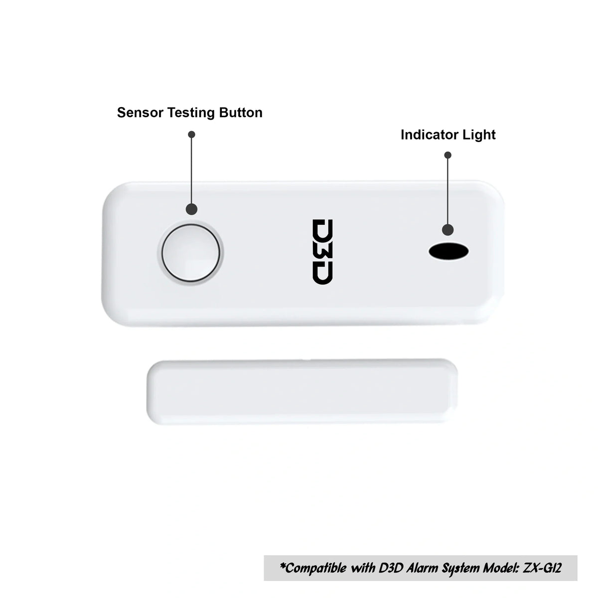 Front view of D3D wireless magnetic contact sensor for doors and windows used with home alarm systems