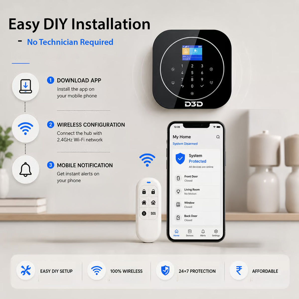 A D3D wireless security alarm system shown in a styled home setting with a smartphone displaying the companion app, a white remote control, and a black square alarm receiver. The graphic includes text highlighting easy DIY installation, wireless configuration, mobile notifications, and feature badges such as 100% wireless and 24/7 protection.