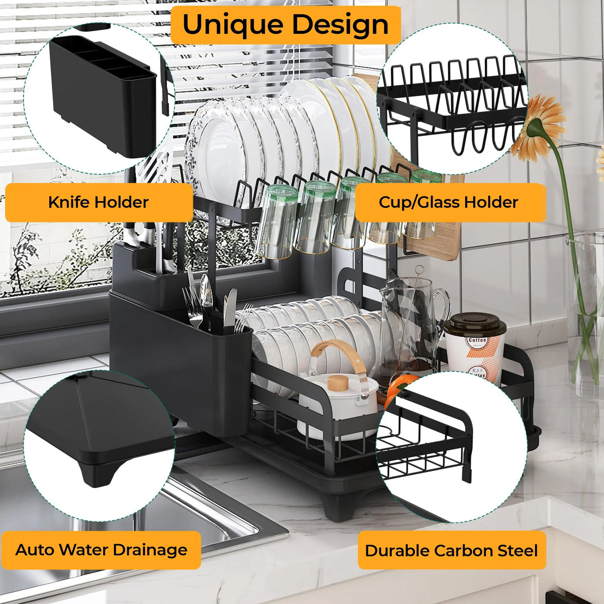 Hello Home 2-tier dish drying rack placed on a kitchen counter for organized dish drying and storage.