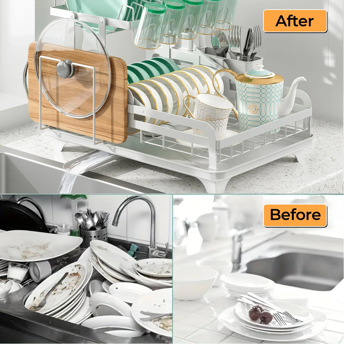Hello Home dish drying rack with utensil holder and drip tray for efficient kitchen organization.