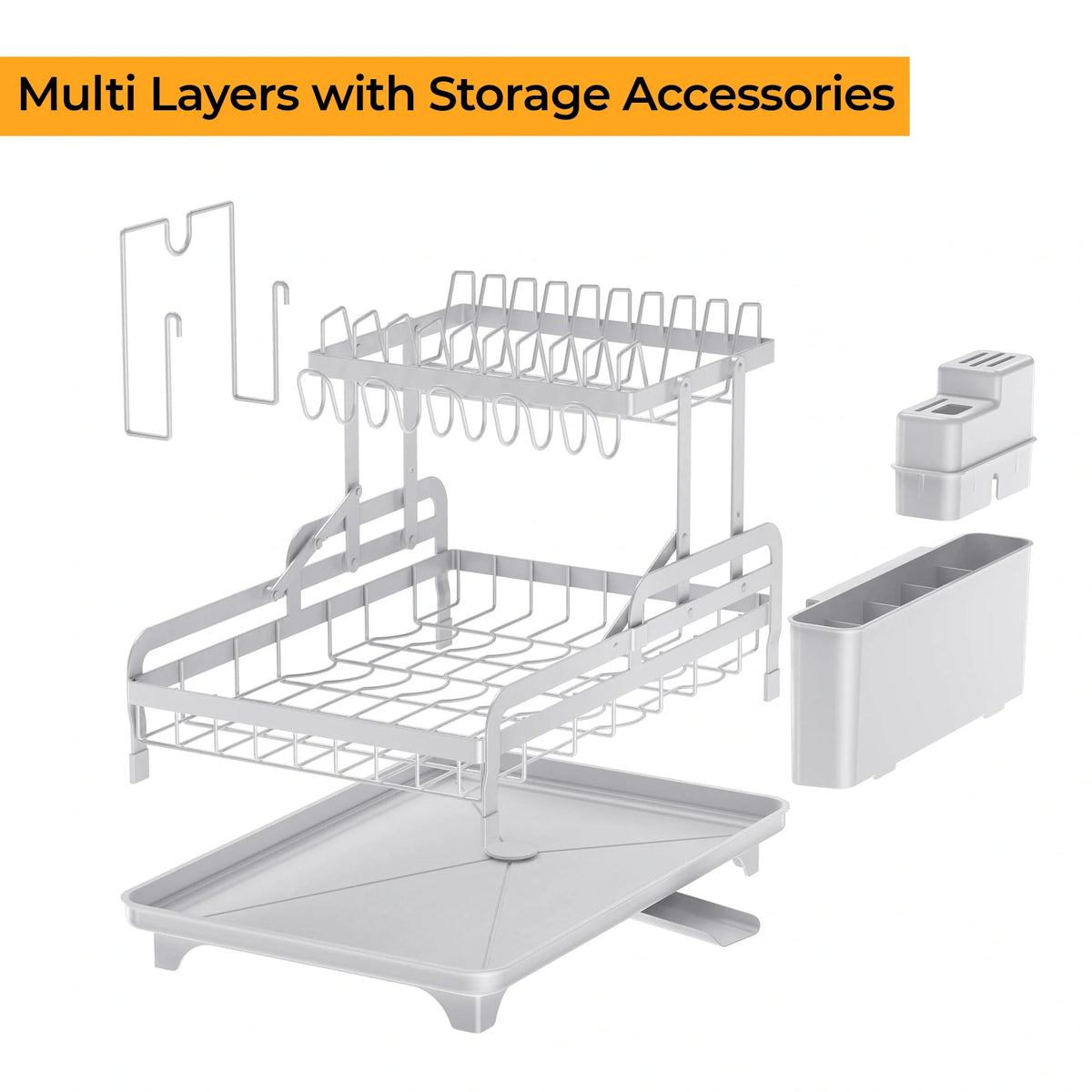 Side view of the Hello Home stainless steel dish drying rack for organizing plates, bowls, and utensils.