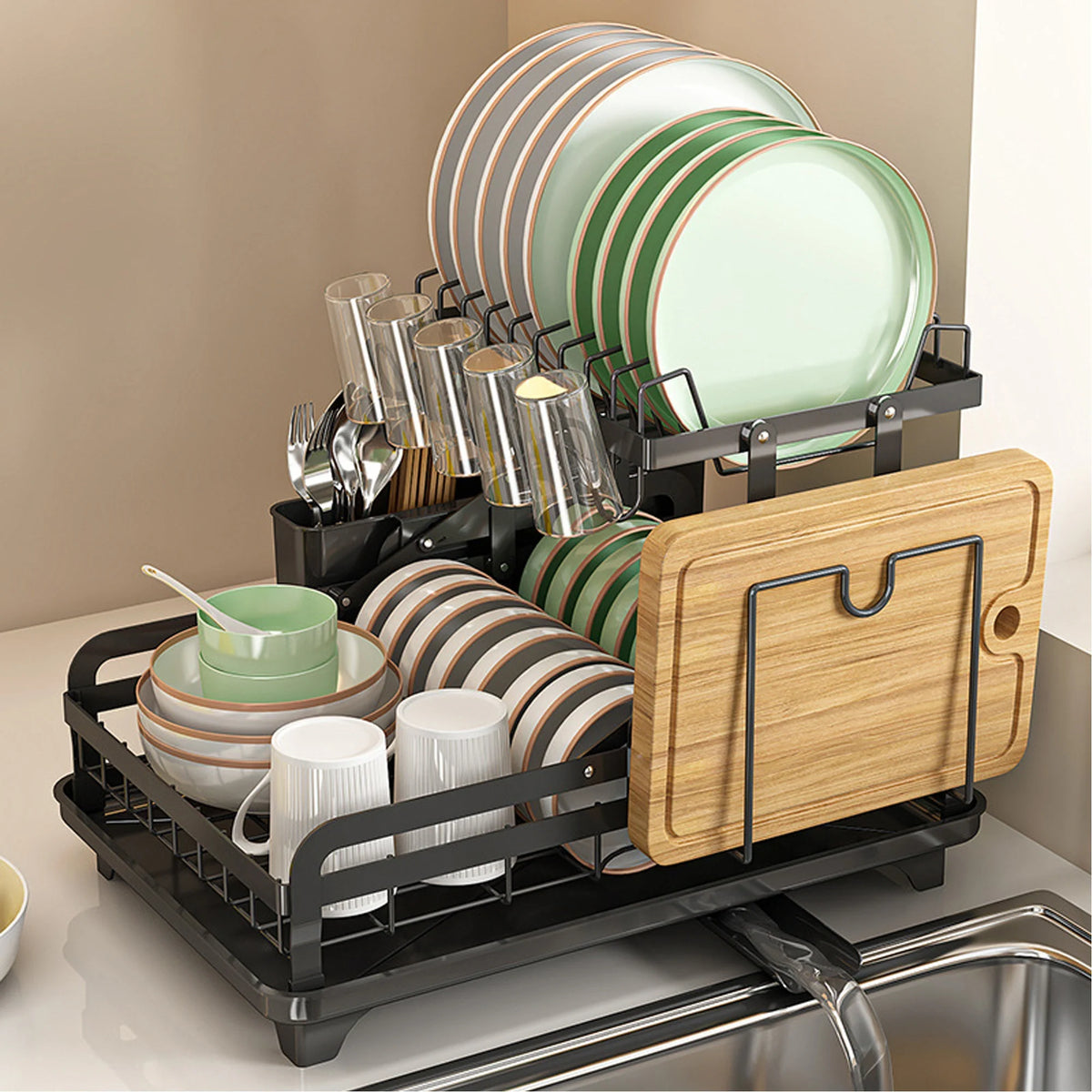 Space-saving Hello Home 2-tier dish drying rack designed for modern kitchen countertops.