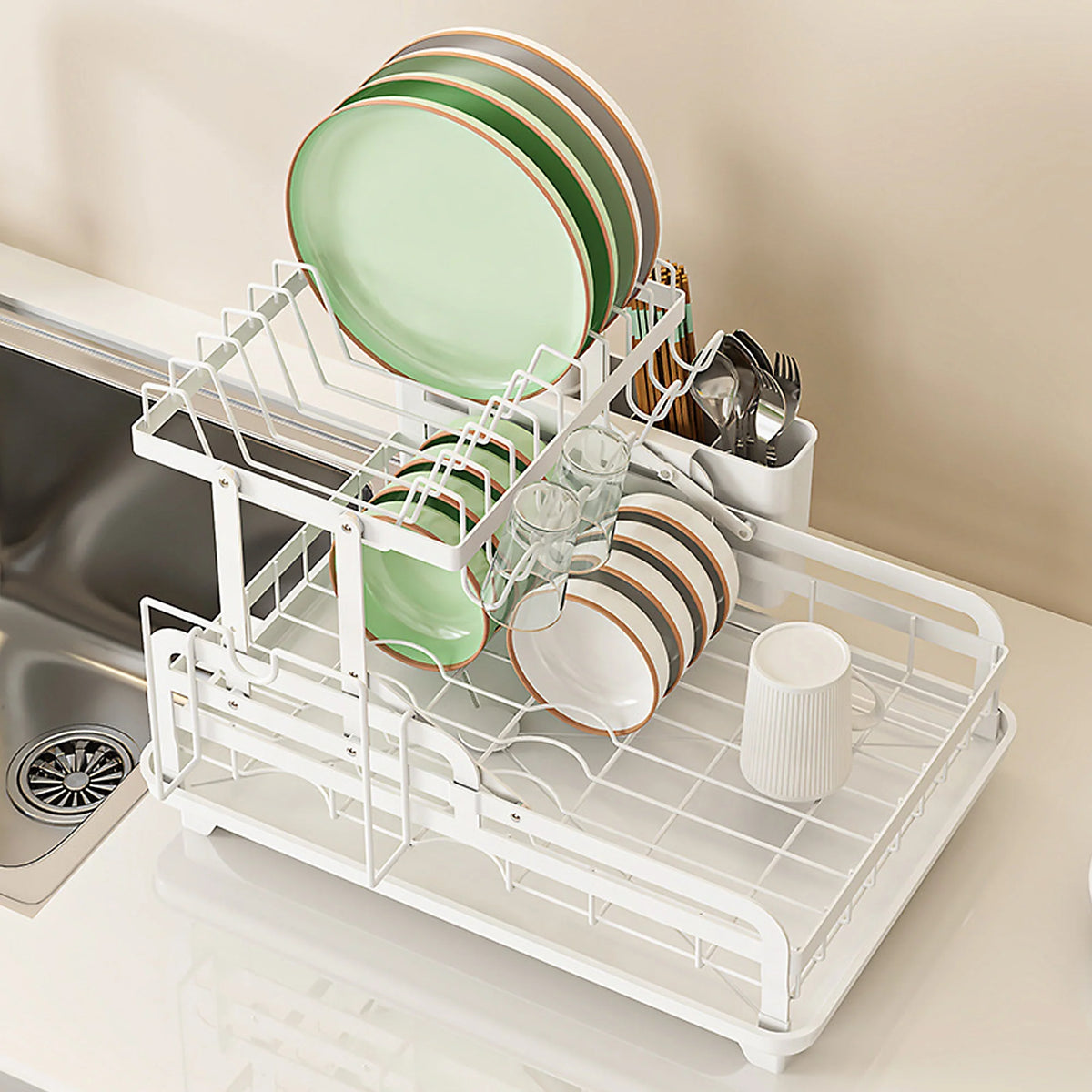 Close-up of the premium stainless steel construction of the Hello Home 2-tier dish drying rack.
