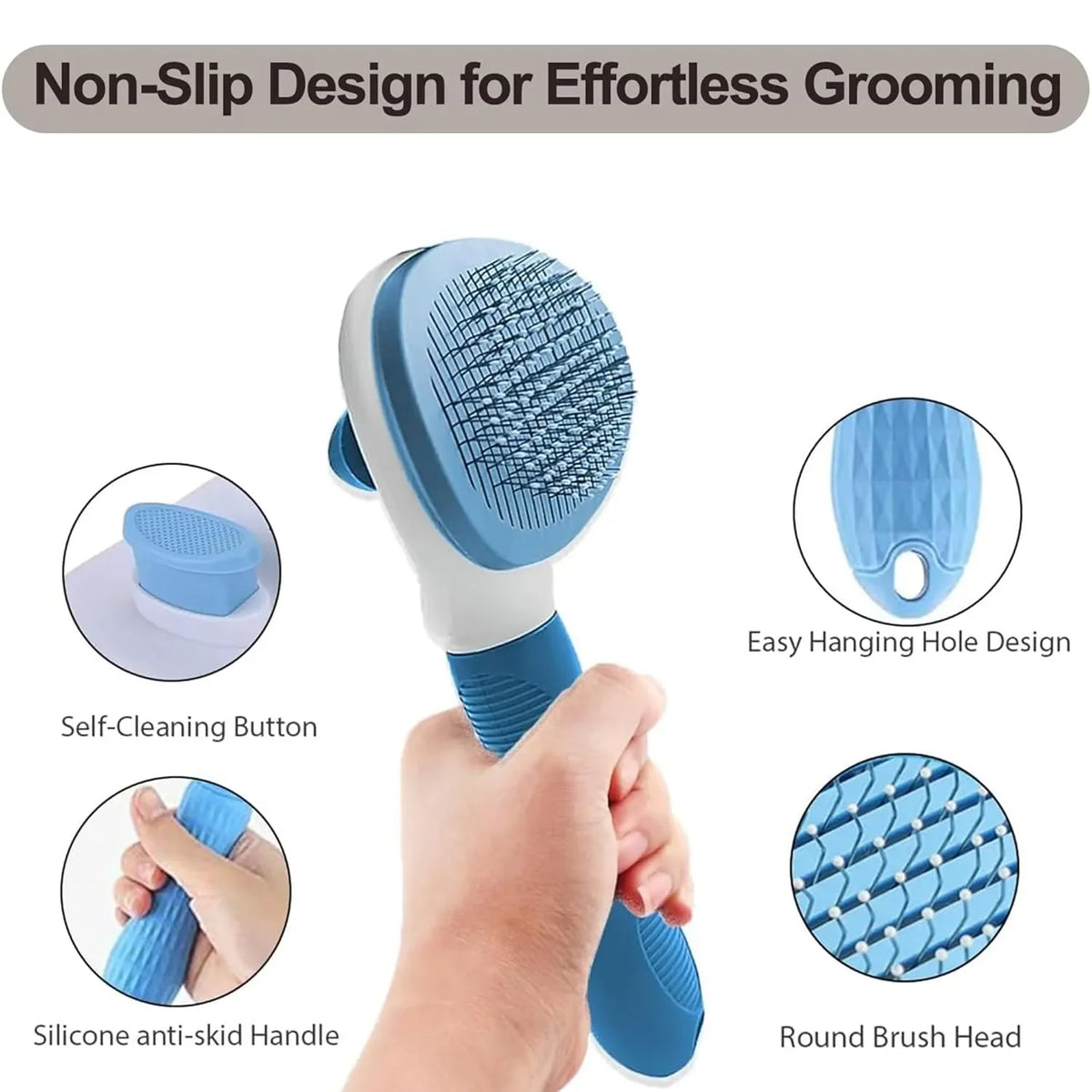 Front view of Petola self-cleaning blue pet grooming brush for dogs and cats