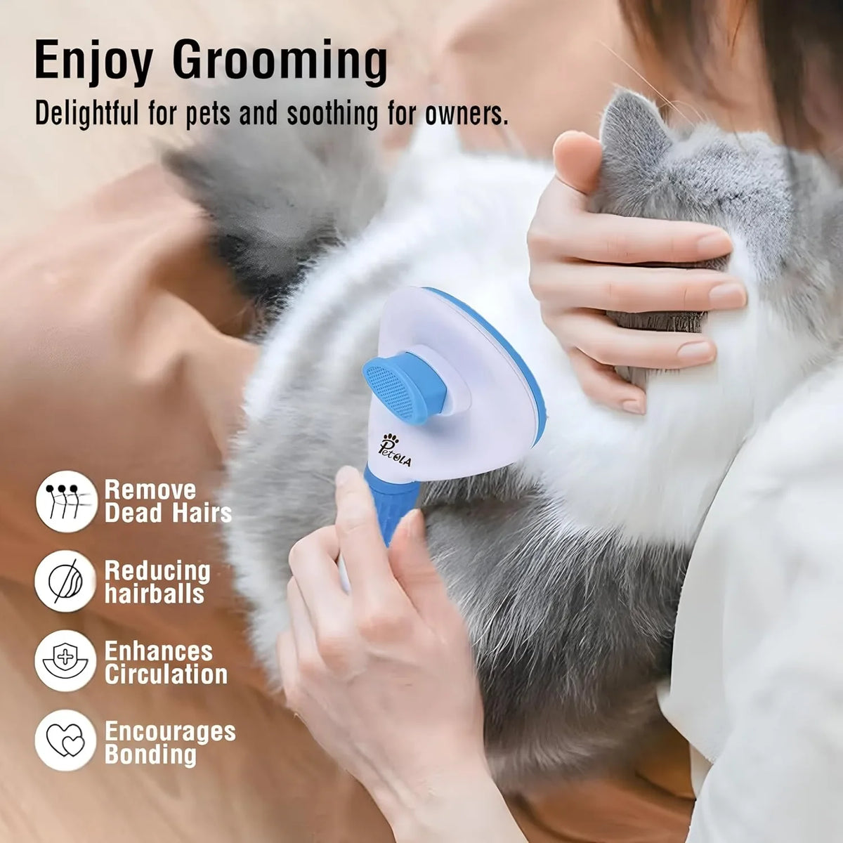 Petola self-cleaning pet hair removal brush in blue for effective everyday grooming