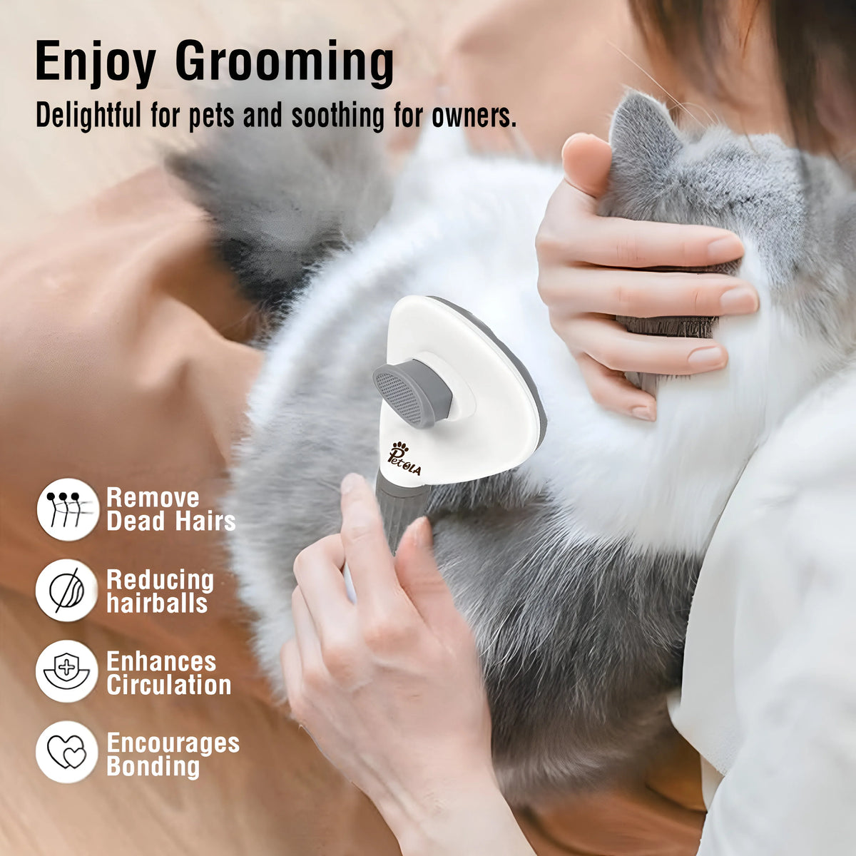 Petola self-cleaning pet hair removal brush in grey for effective everyday grooming