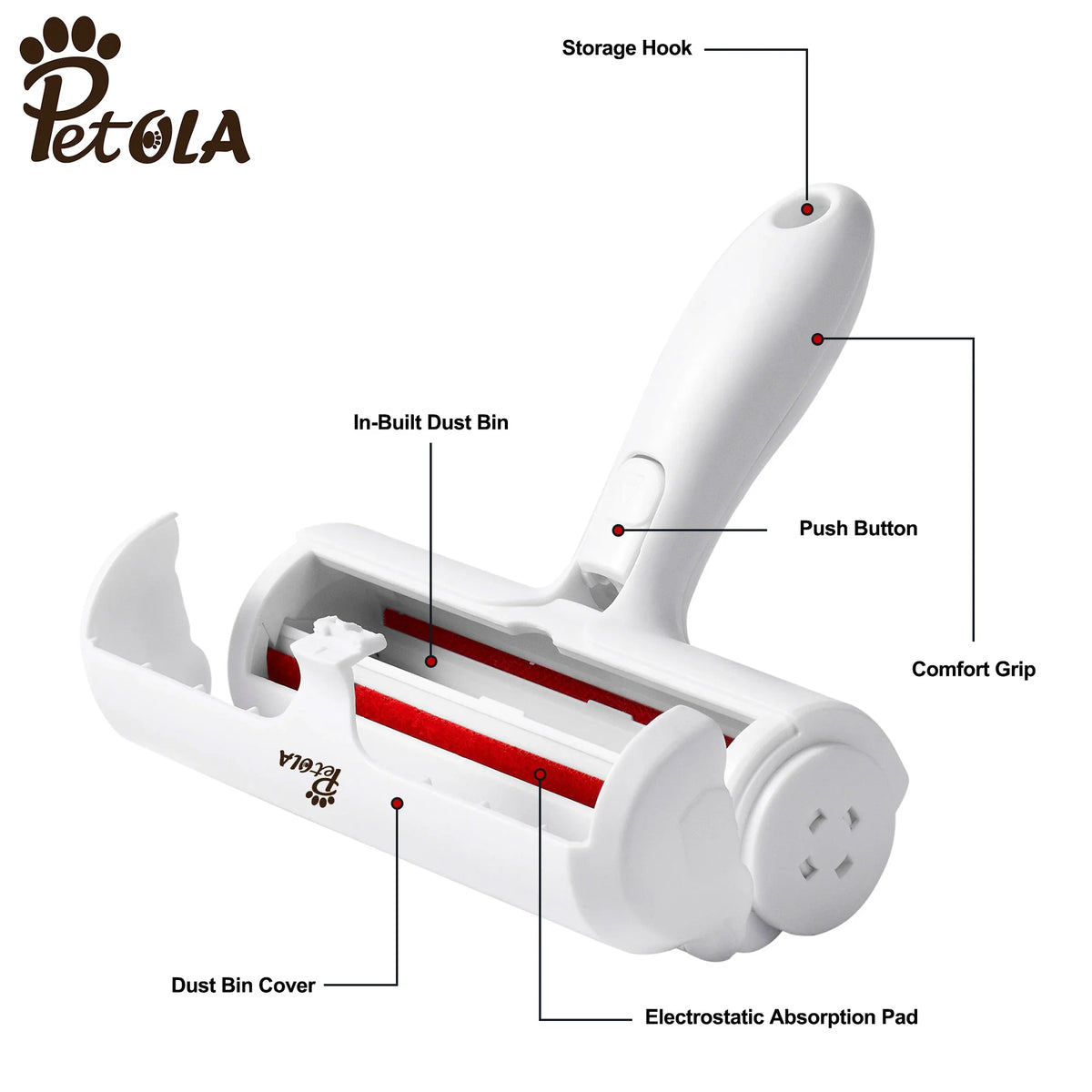 Front view of Petola reusable red lint roller for cleaning pet hair from clothing and furniture