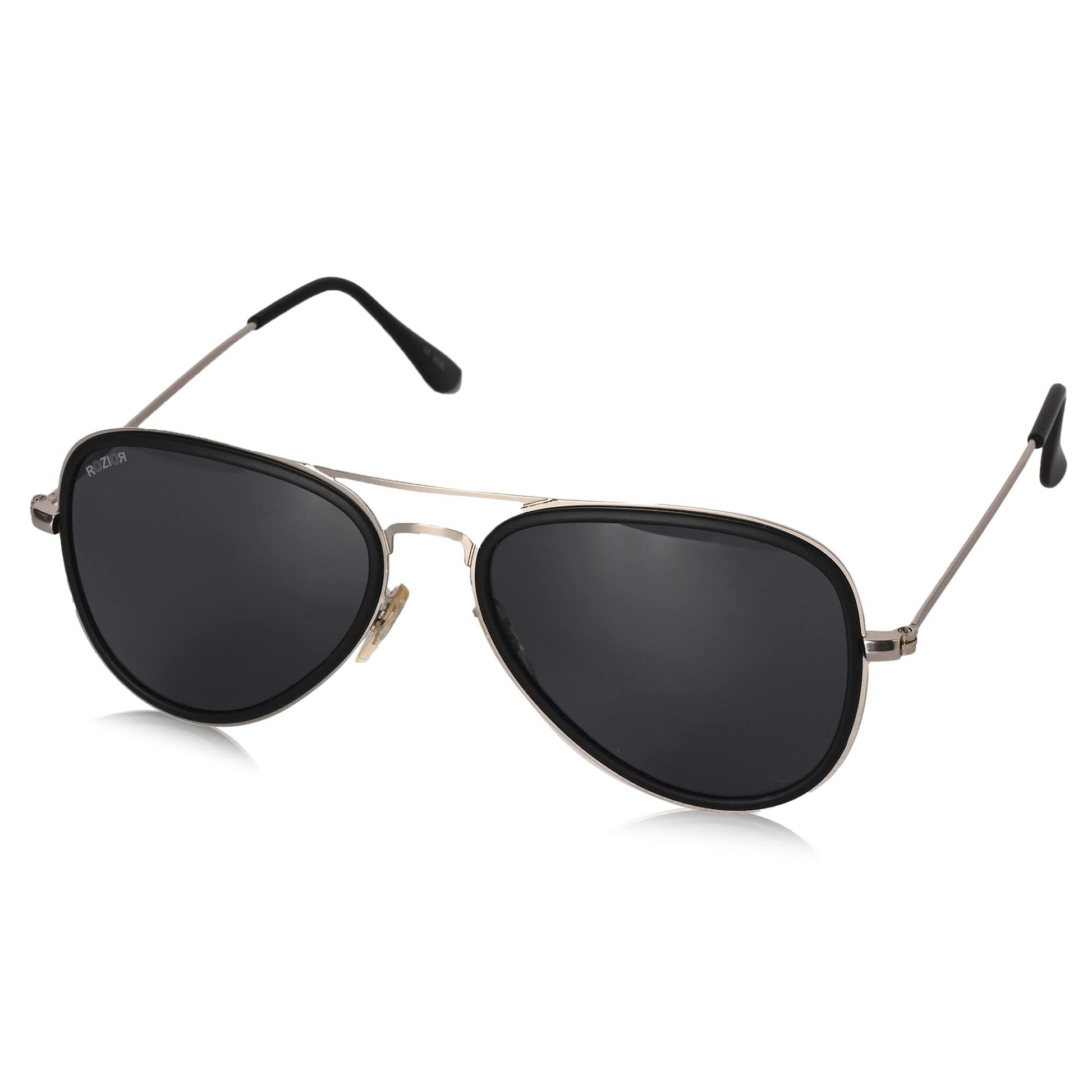 ROZIOR men and women aviator UV400 sunglasses with black frame and black lenses front view model RWU2035C1