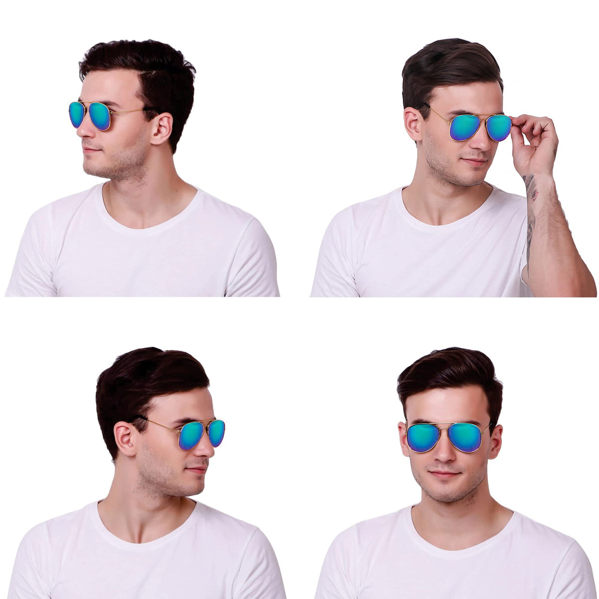 Detailed view of ROZIOR polarized aviator sunglasses highlighting the durable silver metal frame and reflective green lenses