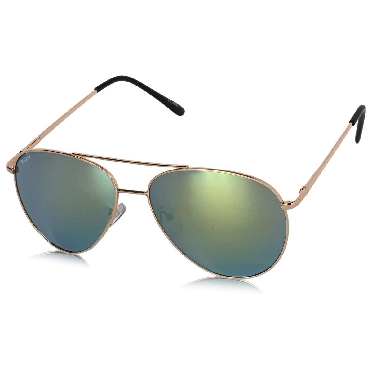 ROZIOR aviator UV protection sunglasses for men and women with green mirror lens and golden frame front view