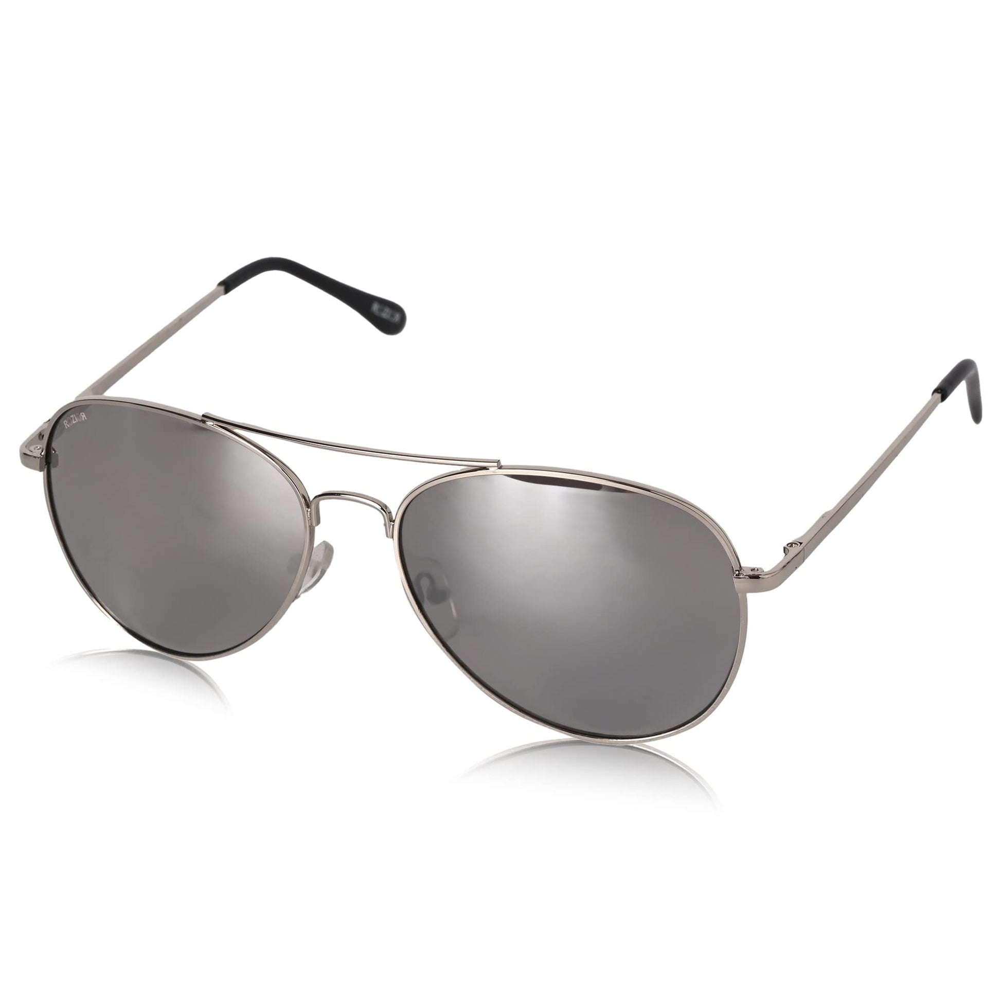 ROZIOR aviator UV protection sunglasses for men and women with silver mirror lens and silver frame front view