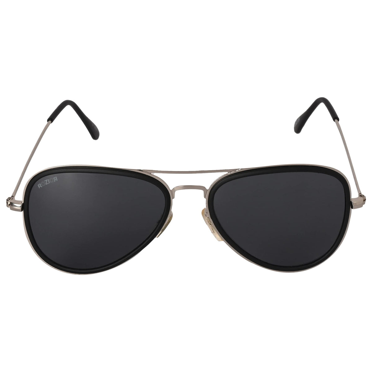 Three-quarter angle view of ROZIOR aviator sunglasses featuring a sleek black frame and black UV400 lenses
