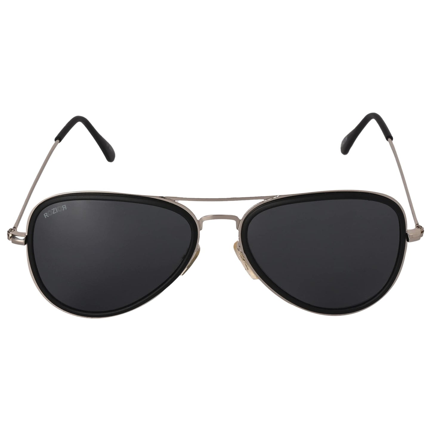 Three-quarter angle view of ROZIOR aviator sunglasses featuring a sleek black frame and black UV400 lenses