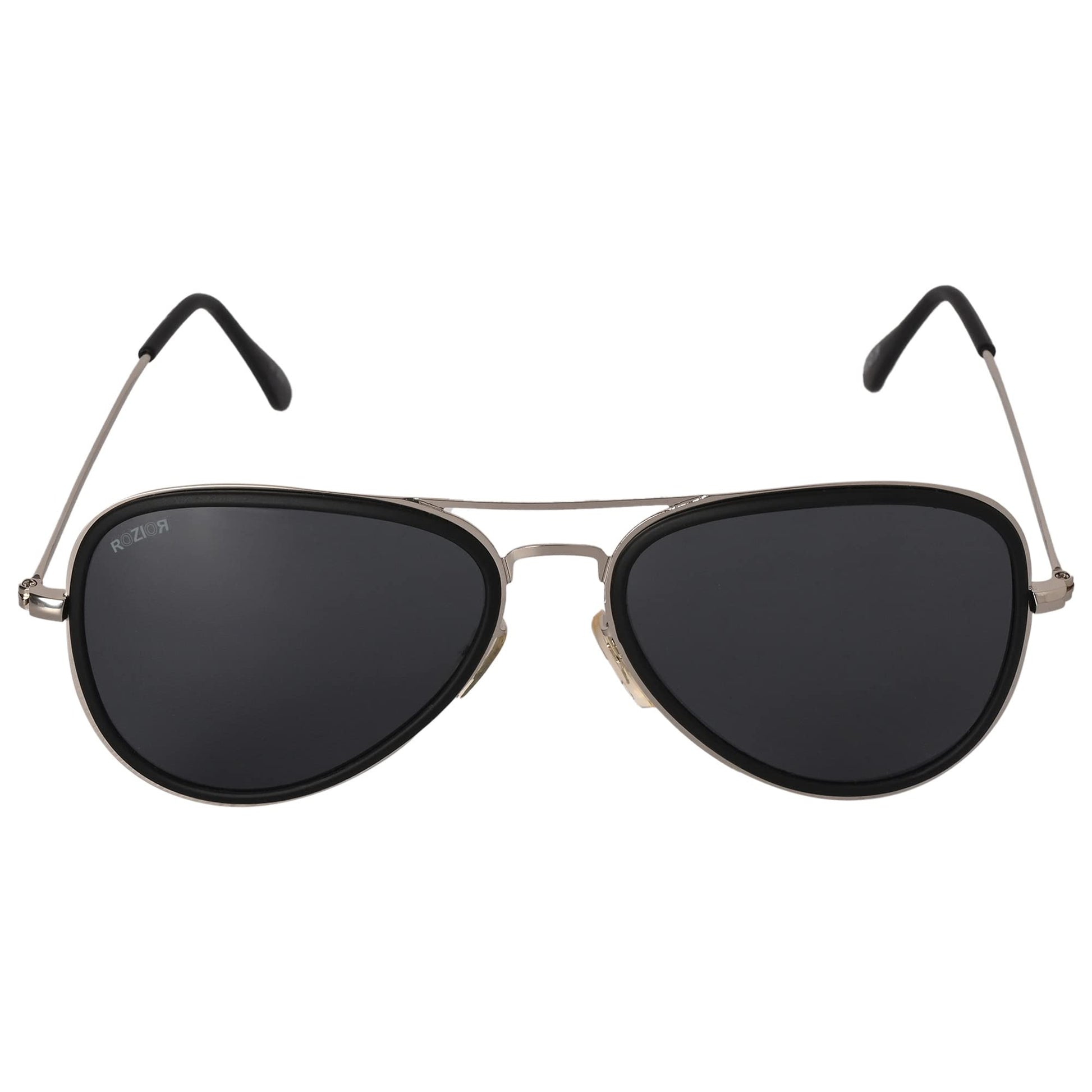 Three-quarter angle view of ROZIOR aviator sunglasses featuring a sleek black frame and black UV400 lenses