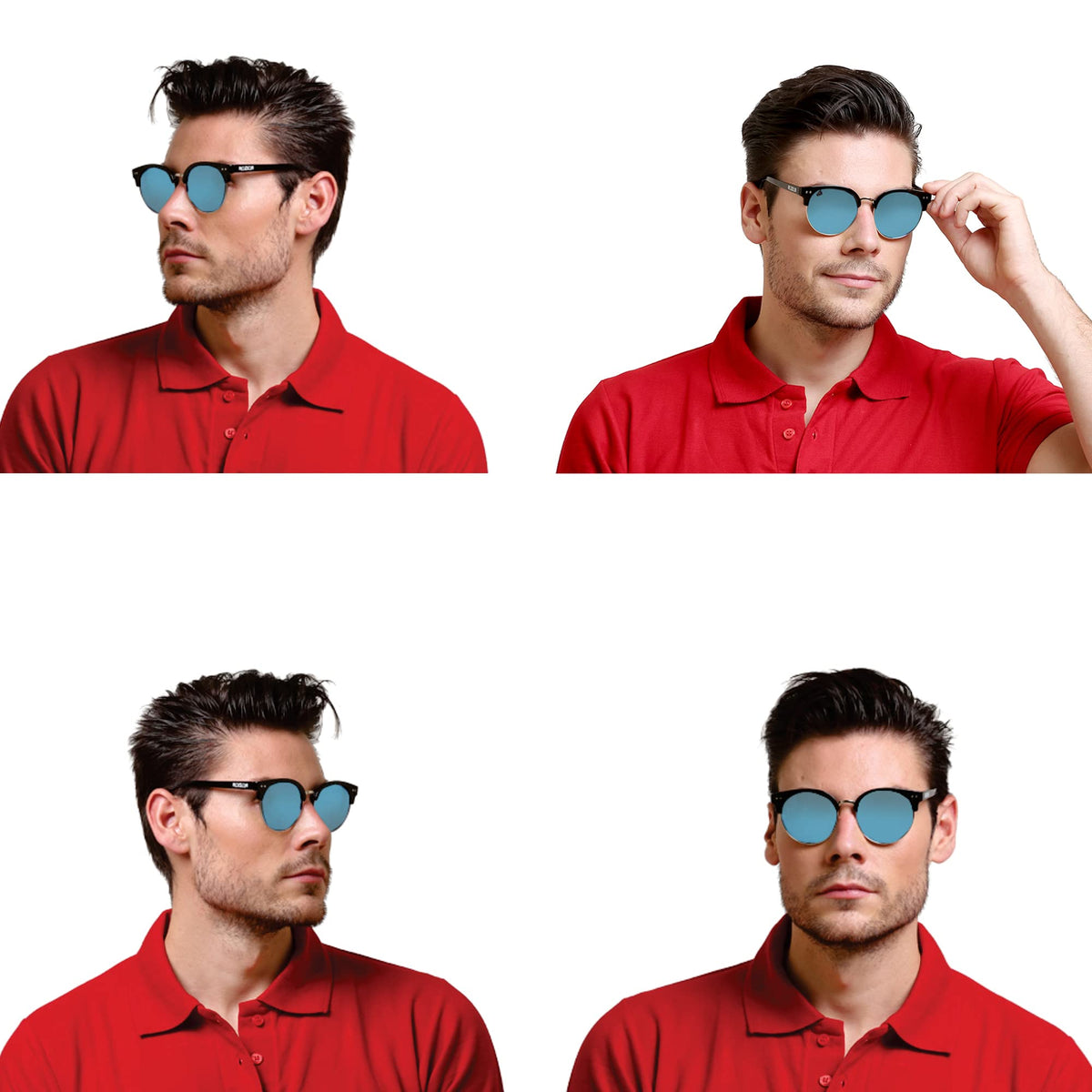 Detailed view of ROZIOR sunglasses highlighting the durable black frame and reflective blue mirror lenses