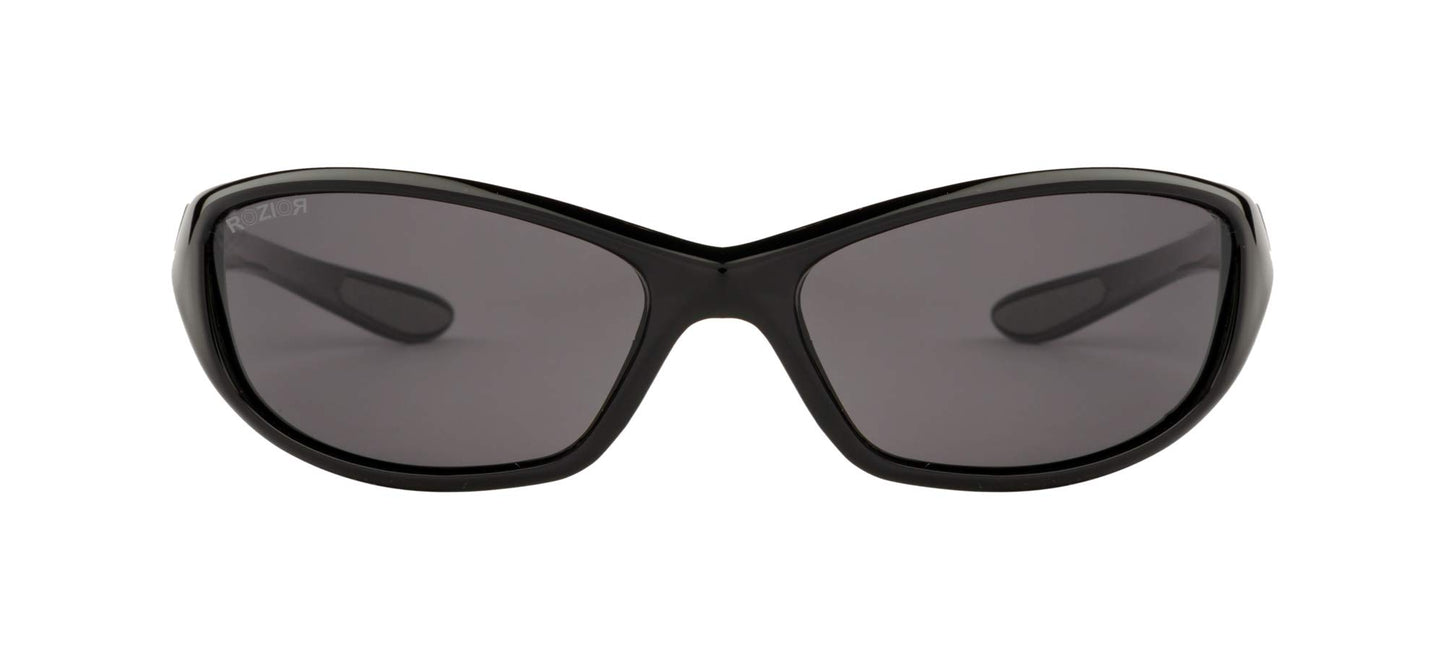 Three-quarter angle view of ROZIOR polarized sunglasses featuring a black frame and smoke UV400 lenses