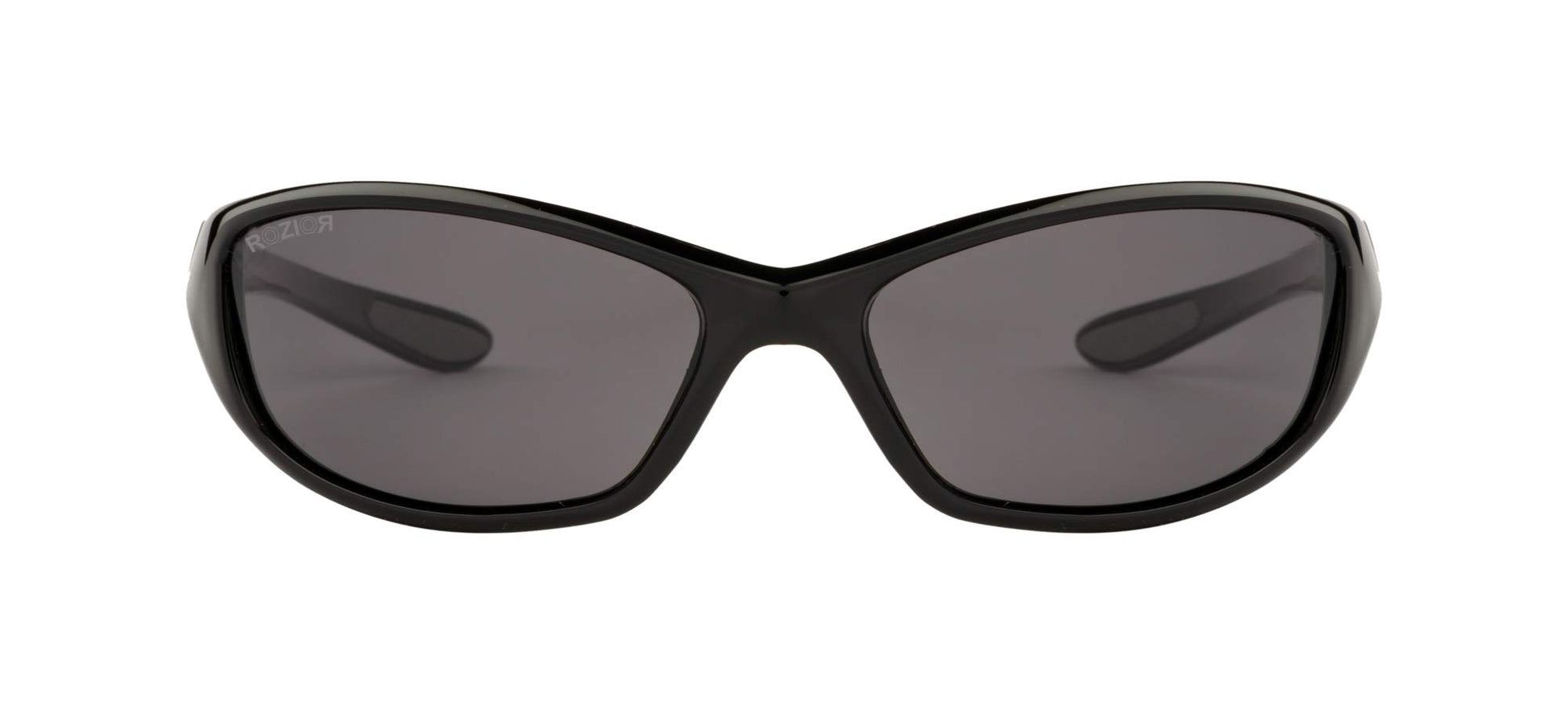 Three-quarter angle view of ROZIOR polarized sunglasses featuring a black frame and smoke UV400 lenses